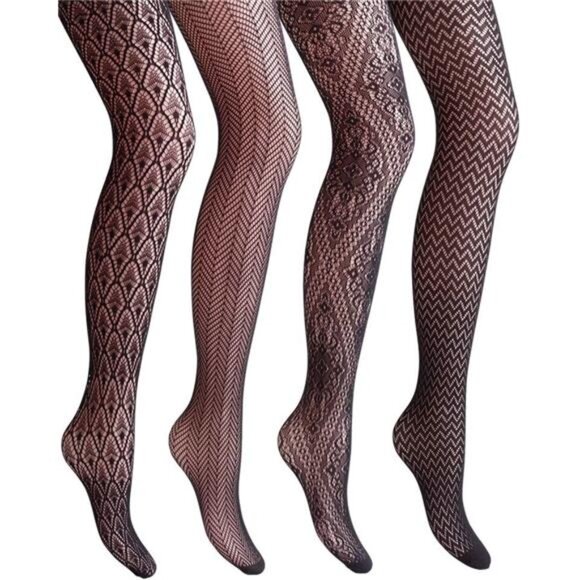 4 Women Patterned Fishnet Tights Black Fishnets Net Stockings Pantyhose - Picture 1 of 7